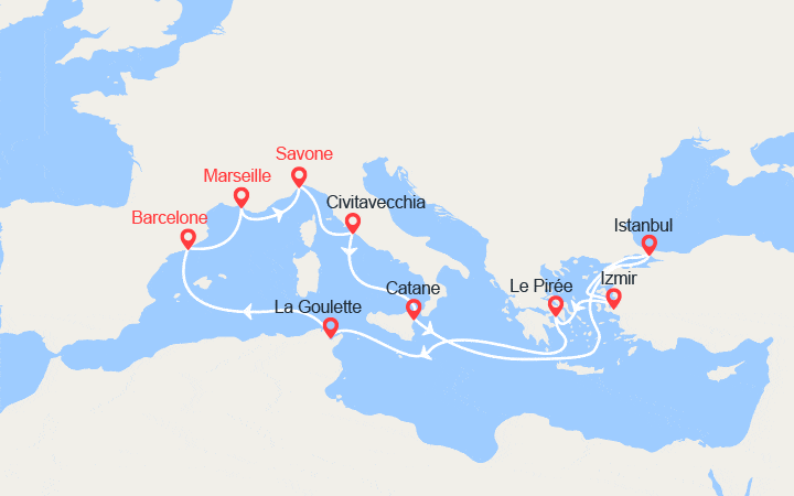 itinéraire croisière Méditerranée Orientale : Italie, Turquie, Grèce, Tunisie