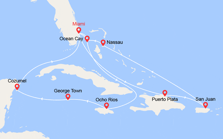 Itinéraire Jamaïque, Caïmans, Mexique, Rép Dominicaine, Porto Rico, Bahamas 
