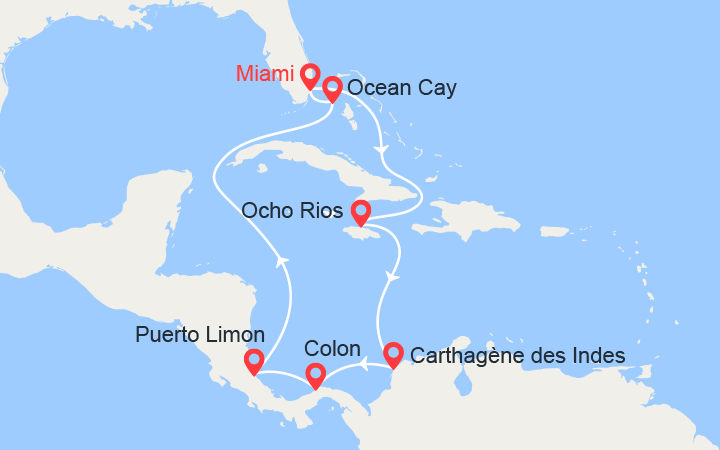 itinéraire croisière Caraïbes et Antilles : Jamaïque, Colombie, Panama, Costa Rica, Bahamas 