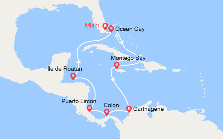 itinéraire croisière Caraïbes et Antilles : Jamaïque, Colombie, Panama, Costa Rica, Honduras, Bahamas 