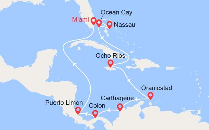 itinéraire croisière Caraïbes et Antilles : Jamaïque, Colombie, Panama, Costa Rica et Bahamas 
