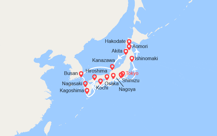 Itinéraire Japon : Tokyo, Hakodate, Akita, Busan.. 