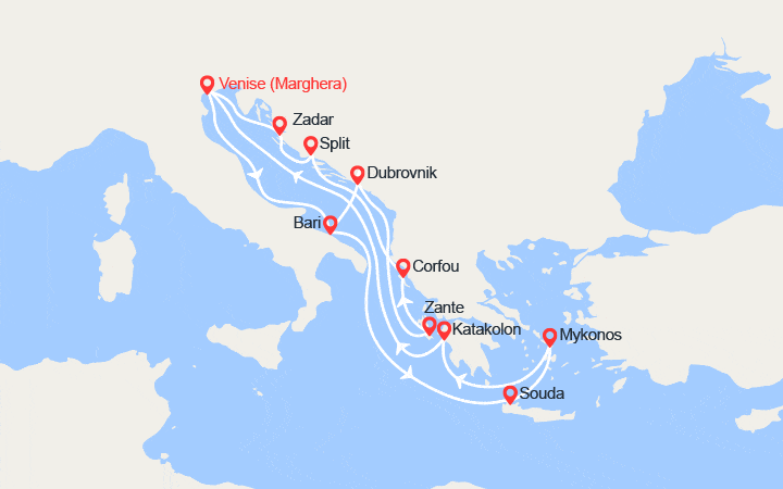 Itinéraire La Méditerranée: Venise, Crète, Mykonos, Bari, Zadar 