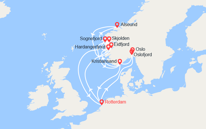 Itinéraire La Norvège: Eidfjord, Alesund, Oslo, Kristiansand, Sognefjord... 