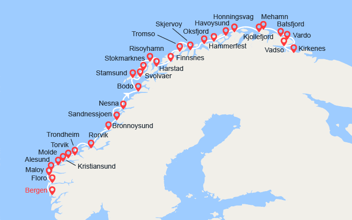 itinéraire croisière Europe du Nord : La Norvège de Bergen à Kirkenes 