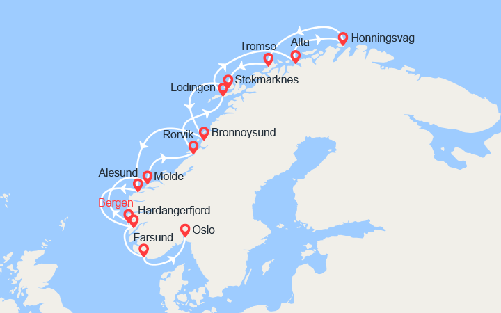 itinéraire croisière Fjords - Fjords : Le Cap Nord Express : Voyage aller-retour depuis Bergen 