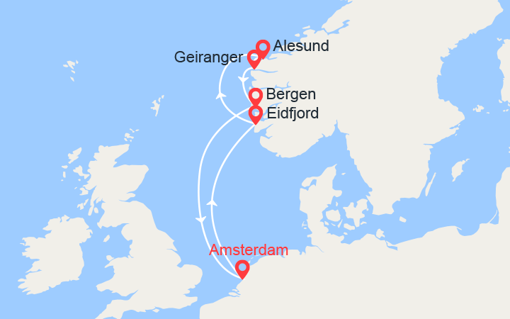 itinéraire croisière Fjords - Fjords : Légendes Nordiques: Eidfjord, Alesund, Geiranger, Bergen 