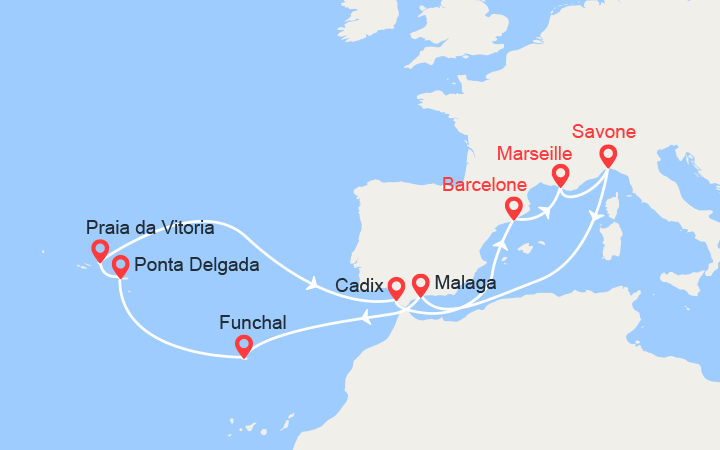itinéraire croisière Méditerranée Occidentale : Madère, Açores, Espagne