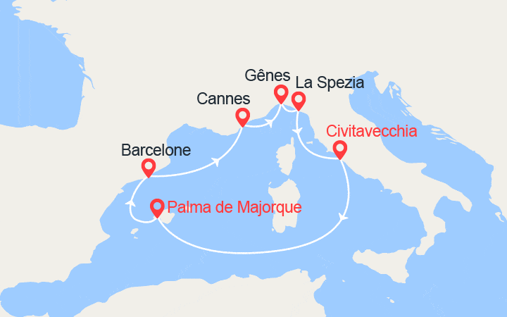 itinéraire croisière Méditerranée Occidentale - Iles Baléares : Majorque, Espagne, Côte d'Azur, Italie