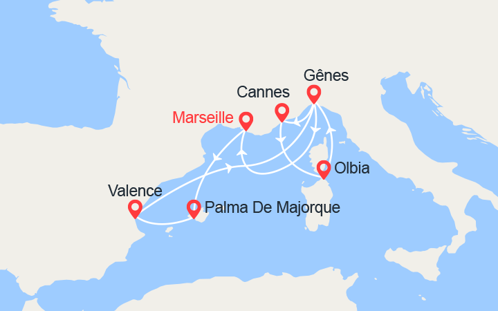 itinéraire croisière Méditerranée Occidentale : Majorque, Espagne, Côte d'Azur, Sardaigne, Italie 