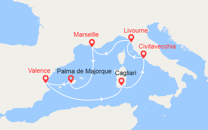 itinéraire croisière Méditerranée Occidentale : Majorque, Espagne, Sardaigne, Italie 