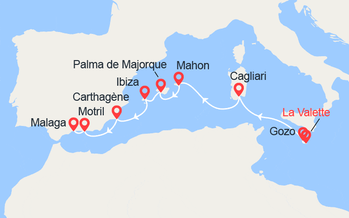 Itinéraire Malte, Baléares et Espagne 