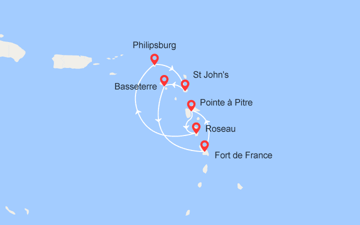 itinéraire croisière Caraïbes et Antilles : Martinique, Guadeloupe, Dominique, St Maarten, Antigua, St Kitts 