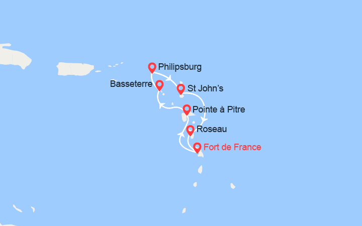 itinéraire croisière Caraïbes et Antilles : Martinique, Guadeloupe, St Kitts, St Maarten, Antigua, Dominique 