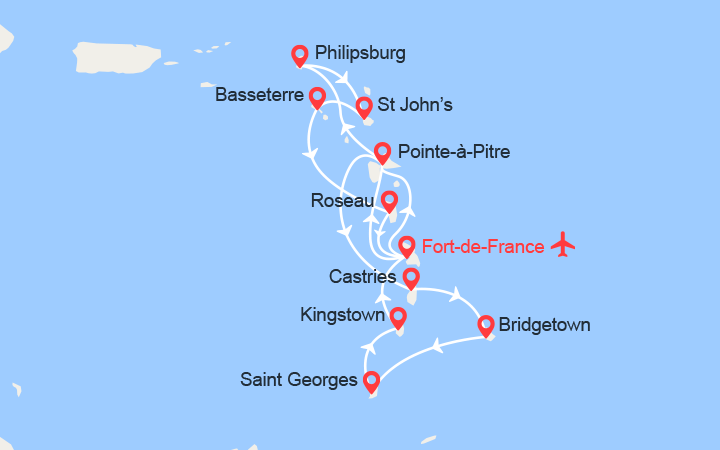 itinéraire croisière Caraïbes et Antilles : Martinique, Guadeloupe, St Lucie, Barbade, St Martin, Antigua... | Vol inclus 
