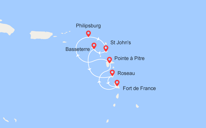 itinéraire croisière Caraïbes et Antilles : Martinique, Guadeloupe, St Martin, Antigua, St Kitts, Dominique 