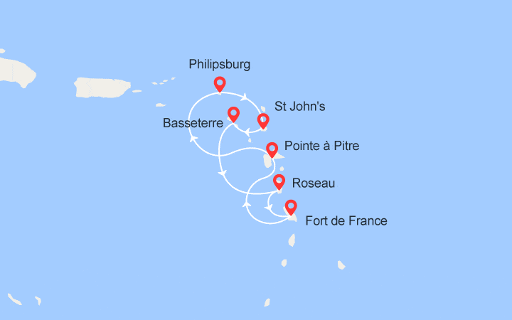 itinéraire croisière Caraïbes et Antilles : Martinique, Guadeloupe, St Martin, Antigua, St Kitts, Dominique 