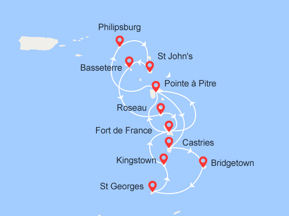 Itinéraire Martinique, Guadeloupe, St Martin, Antigua, Ste Lucie, Barbade... 