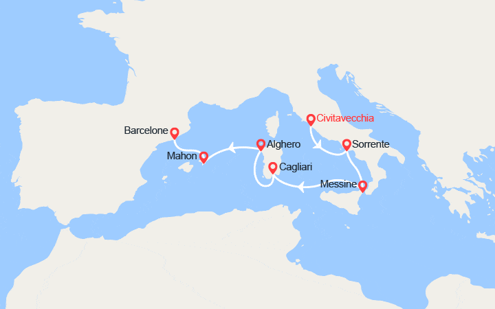 Itinéraire Naples, Trapani, Tunis, Carloforte, Palma de Majorque 