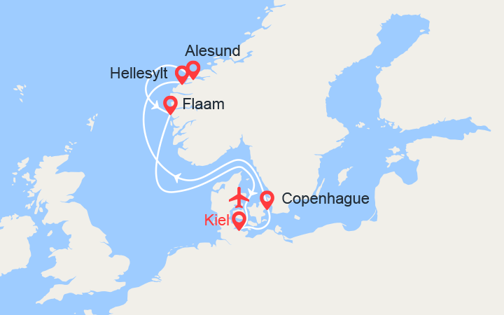 itinéraire croisière Fjords : Norvège: Hellesylt, Alesund, Flam II Vols Inclus 