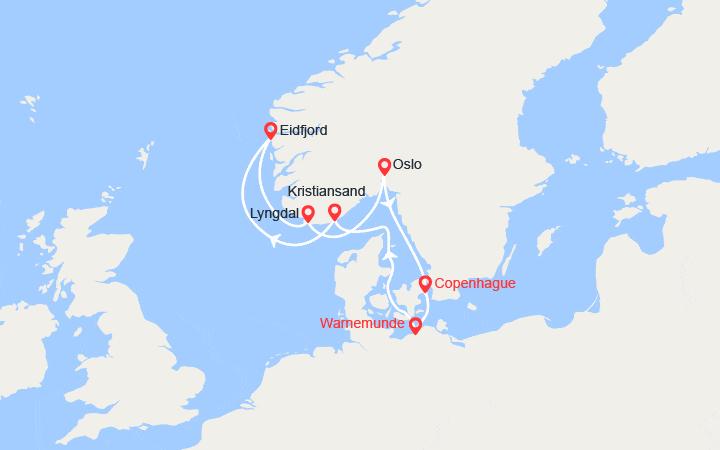 Itinéraire Norvège: Kristiansand, Eidfjord, Lyngdal, Oslo 