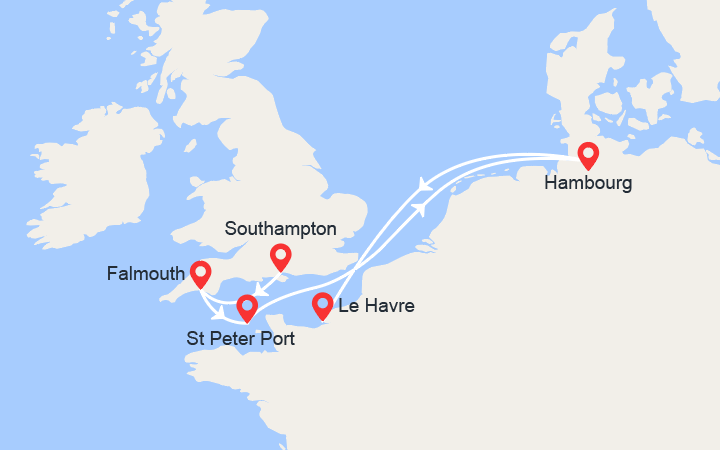 itinéraire croisière Europe du Nord : Perles du nord: Angleterre, Ile de Guernsey, Hambourg 