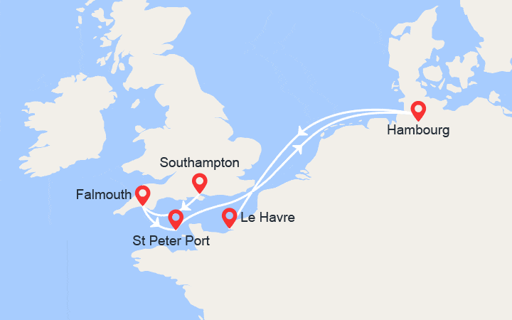 Itinéraire Perles du nord: Angleterre, Ile de Guernsey, Hambourg 
