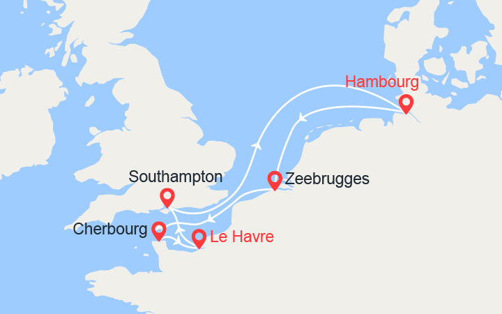 itinéraire croisière Europe du Nord : Perles du nord: Londres, Hambourg, Bruges, Cherbourg 