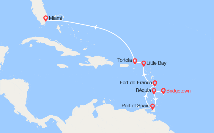 itinéraire croisière Caraïbes et Antilles : Port-d'Espagne, Bequia, Fort-de-France, Little Bay, Road Town