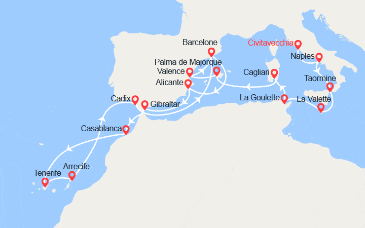 itinéraire croisière Méditerranée Occidentale - Canaries Madère : Port de Naples, Sicile, Tunisie, Baléares, Espagne, Gibraltar, Maroc, îles Canaries 