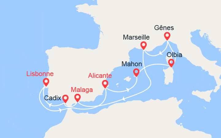 itinéraire croisière Méditerranée Occidentale - Iles Baléares : Portugal, Espagne, Minorque, Italie, France 