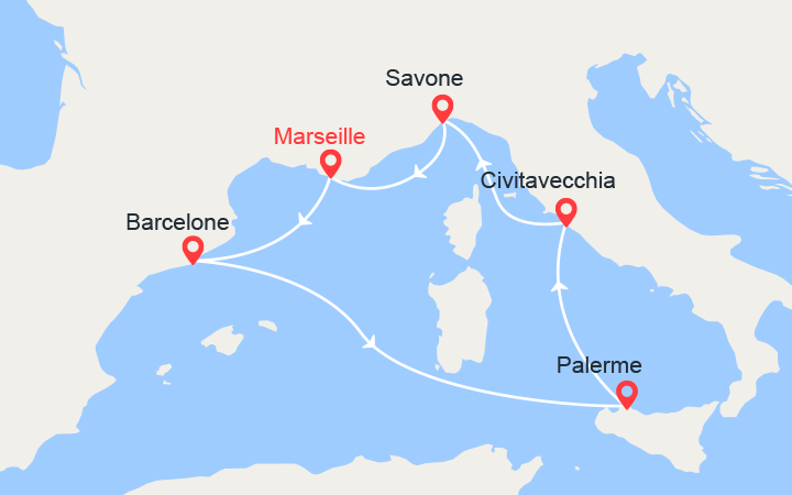 itinéraire croisière Méditerranée Occidentale : Provence, Espagne, Sicile, Italie 