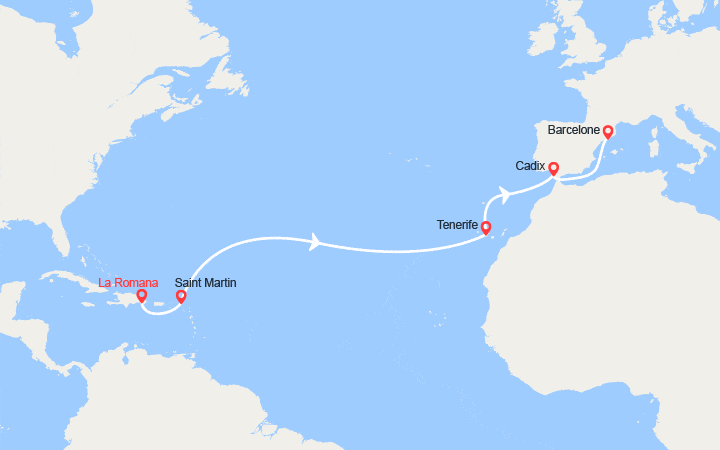 itinéraire croisière Transatlantique : Rép.Dominicaine, Antilles, Canaries, Espagne