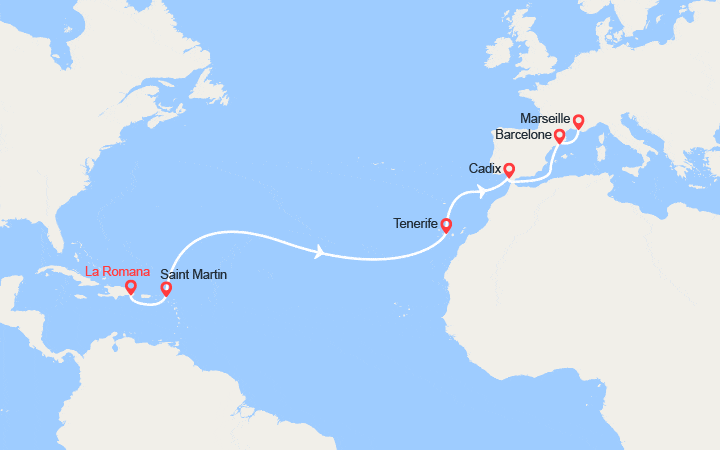 itinéraire croisière Transatlantique : Rép.Dominicaine, Antilles, Canaries, Espagne, France