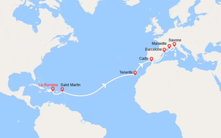 itinéraire croisière Transatlantique : Rép.Dominicaine, Antilles, Canaries, Espagne, France, Italie 