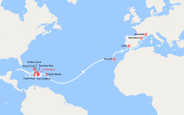 itinéraire croisière Transatlantique : Rép.Dominicaine, Turks et Caïcos, Canaries, Espagne, France 