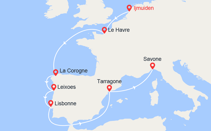 itinéraire croisière Europe du Nord : Route vers le Sud: de Ijmuiden à Savone 