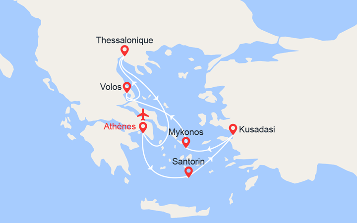 itinéraire croisière Méditerranée Orientale : Santorin, Ephèse, Mykonos, Volos, Thessalonique avec 2 nuits d'hôtel et vols inclus de Paris
