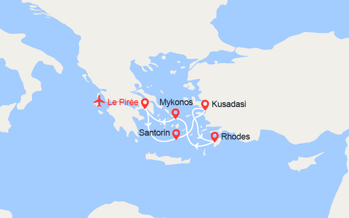 itinéraire croisière Méditerranée Orientale : Santorin, Ephèse, Rhodes, Mykonos, Volos avec 2 nuits d'hôtel et vols inclus de Paris