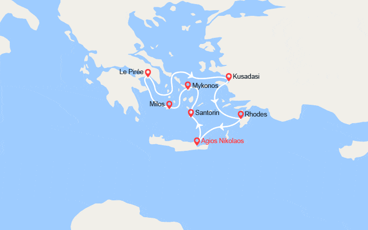 Itinéraire Santorin, Mykonos, Milos, Athènes, Kusadasi, Rhodes, Crète 