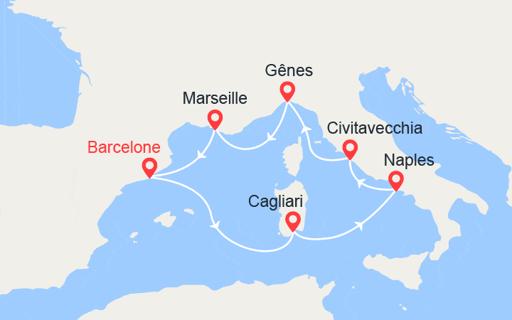itinéraire croisière Méditerranée Occidentale : Sardaigne, Italie, France 