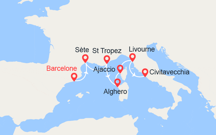 Itinéraire Sète, Saint-Tropez, Alghero, Ajaccio, Livourne 