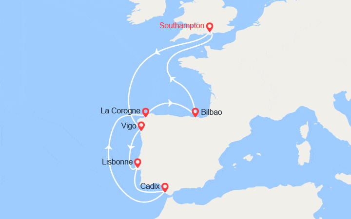 Itinéraire Southampton, Vigo, Lisbonne, Séville, La Corogne, Bilbao 