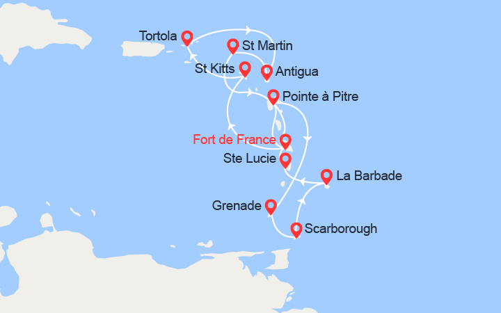 itinéraire croisière Caraïbes et Antilles : St Martin, Tortola, St Kitts, Tobago, Grenade... 