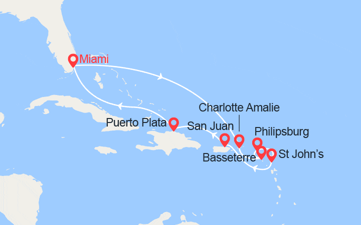 Itinéraire St Thomas, St Kitts, St Martin, Antigua, Porto Rico, Rép Dominicaine 
