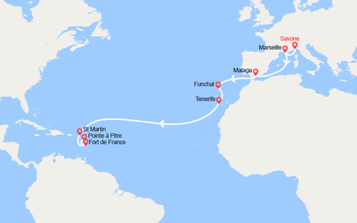 Itinéraire Tansatlantique : de Savone à Pointe-à-Pitre 