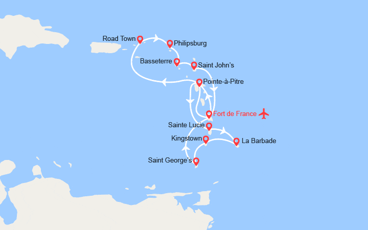 itinéraire croisière Caraïbes et Antilles : Tortola, St Kitts, Martinique, Guadeloupe, Ste Lucie, Barbade... || Vols inclus