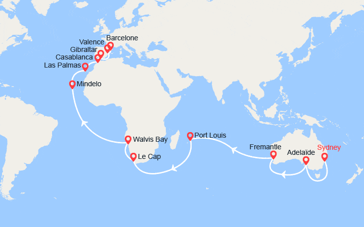 itinéraire croisière Tour du Monde : Tour du monde : Tronçon de Sydney à Barcelone via le Cap de Bonne-Espérence