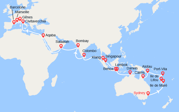 itinéraire croisière Tour du Monde : Tour du Monde 2023 : de Sydney à Barcelone 