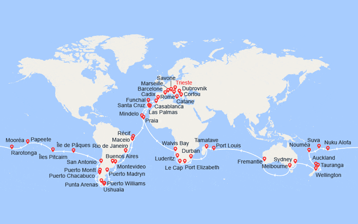 itinéraire croisière Tour du Monde : Tour du monde 2025 